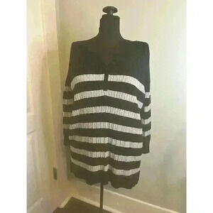 Kim‎ Rogers Womens L Black Grey Stripe Henley Button Neck Long Sleeve Sweater